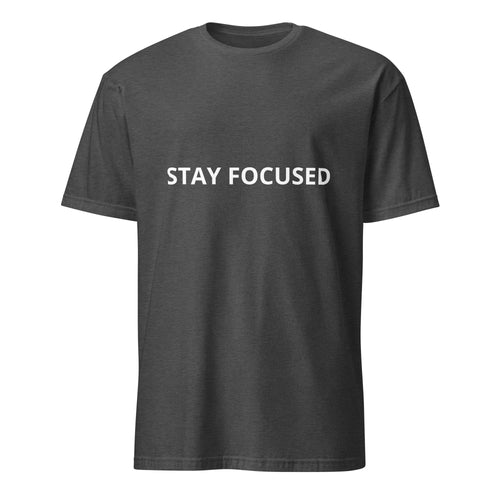 Tricou antracit Gildan 64000 cu cu inprimeu alb STAY FOCUSED ,vedere din fata